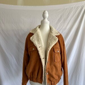 Burnt Orange Suede and Sherpa-Lined Cropped Jacket